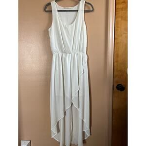 Malloy White High Low Chiffon Dress Deep V Elastic Waist Flutter Skirt M